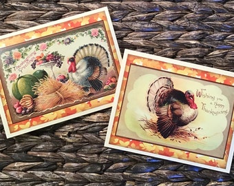 Tarjetas de Acción de Gracias, diseños vintage: pavos, cena, juego de 5 con sobres marrones kraft