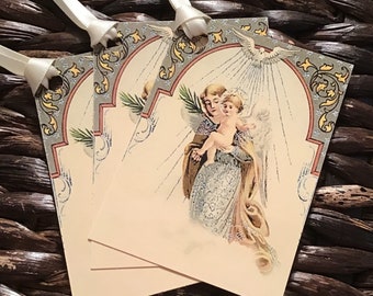 Ivory Vintage Style Holy Angel Christmas Tags with Ivory Satin Ribbon, Printed on Ivory Cardstock