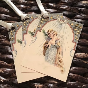 Ivory Vintage Style Holy Angel Christmas Tags with Ivory Satin Ribbon, Printed on Ivory Cardstock image 1