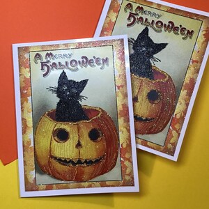 Glittered Halloween Card, Black Cat in Pumpkin, with White Envelope, Extra Sparkly image 2