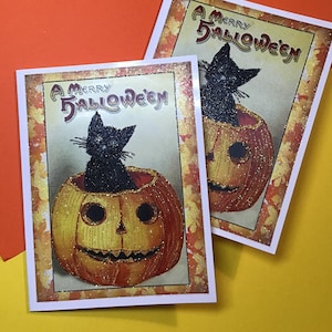 Glittered Halloween Card, Black Cat in Pumpkin, with White Envelope, Extra Sparkly image 1