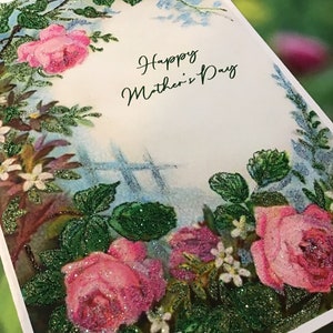 Glittered Mother&#39;s Day Card, Vintage Style, Featuring Pink Rose Cottage Garden ... Extra Sparkly!