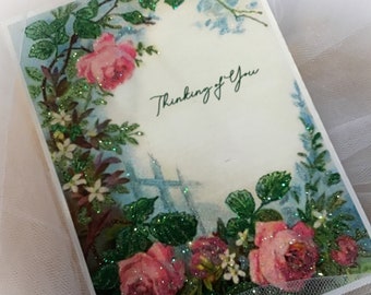 Vintage Style Glittered Thinking of You Card Featuring Pink Rose Cottage Garden ... Extra Sparkly!