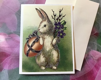 Glittered Cuddle Bunny with Egg Easter Card, Vintage Style, with Envelope, Extra Sparkly!