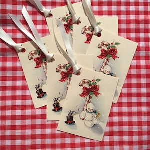 Six Ivory Vintage Style Candy Cane Snowman Christmas Tags Printed on Ivory Cardstock, with Ivory Satin Ribbon