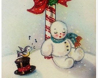 Glittered Christmas Card, Candy Cane Snowman, Extra Sparkly!