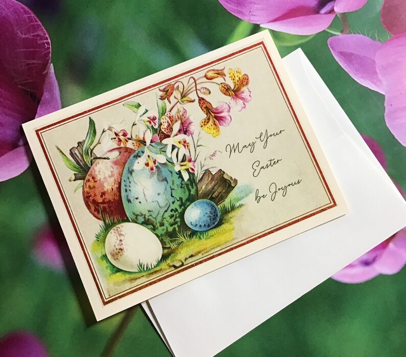 Easter Cards, Vintage Designs: Flowers and Eggs, Set of 5 with Ivory Envelopes image 5