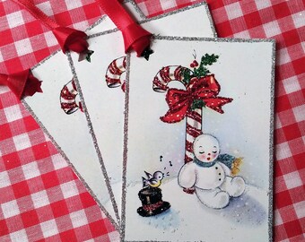 Glittered Christmas Tags, Candy Cane Snowman, Extra Sparkly!