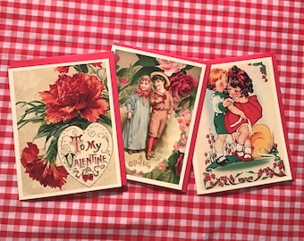 4er Set Valentinskarten, Vintage Designs: Herzchen, Blumen, und Engelchen, mit roten Umschlägen