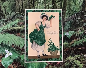 Glittered St. Patrick's Day Card, Lady in Green, Top of the Morning to You!, Vintage Style ... with Envelope