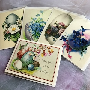 Easter Cards, Vintage Designs: Flowers and Eggs, Set of 5 with Ivory Envelopes image 1