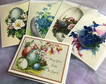 Easter Cards, Vintage Designs: Flowers and Eggs, Set of 5 with Ivory Envelopes