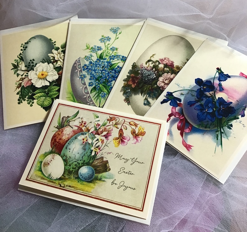 Easter Cards, Vintage Designs: Flowers and Eggs, Set of 5 with Ivory Envelopes image 1
