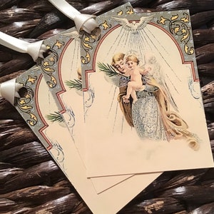 Ivory Vintage Style Holy Angel Christmas Tags with Ivory Satin Ribbon, Printed on Ivory Cardstock image 4