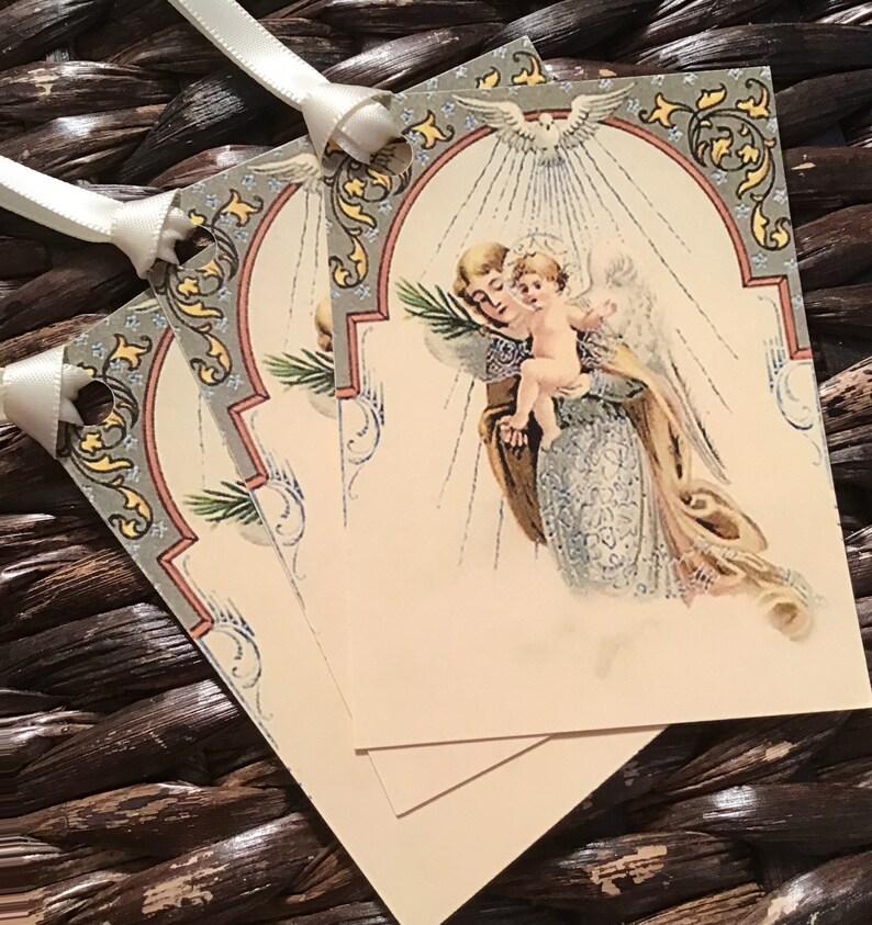 Ivory Vintage Style Holy Angel Christmas Tags with Ivory Satin Ribbon, Printed on Ivory Cardstock image 4
