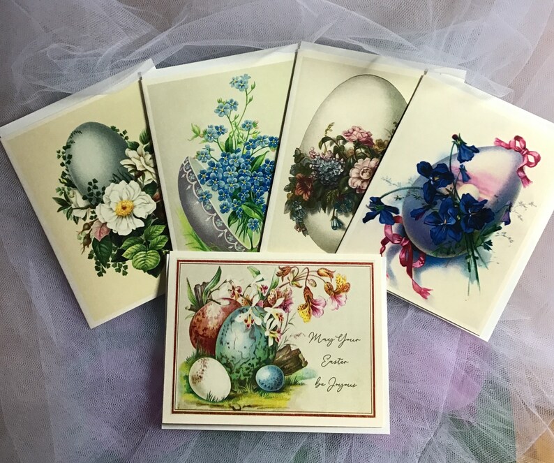 Easter Cards, Vintage Designs: Flowers and Eggs, Set of 5 with Ivory Envelopes image 4