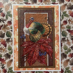 Cartão de Ação de Graças com glitter, lindo peru com poinsétias vermelhas, super brilhante!