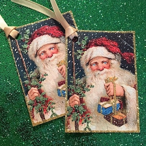 Glittered Christmas Tags, Blued-Eyed Santa, Extra Sparkly image 1