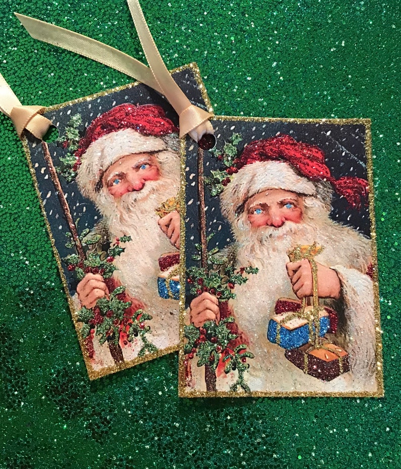 Glittered Christmas Tags, Blued-Eyed Santa, Extra Sparkly image 1