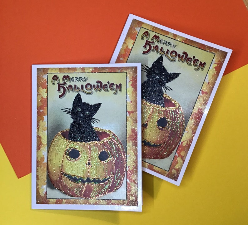 Glittered Halloween Card, Black Cat in Pumpkin, with White Envelope, Extra Sparkly image 6