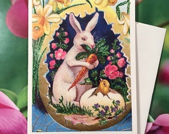 Glittered Easter Card, Rabbit in Egg with Flowers and Chick, with Envelope, Extra Sparkly!