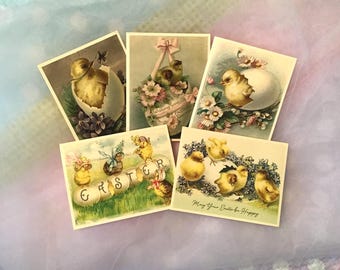 Vintage Style Easter Cards, Easter Chicks with Eggs, Set of 5