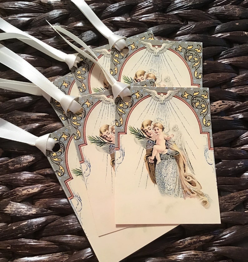Ivory Vintage Style Holy Angel Christmas Tags with Ivory Satin Ribbon, Printed on Ivory Cardstock image 6