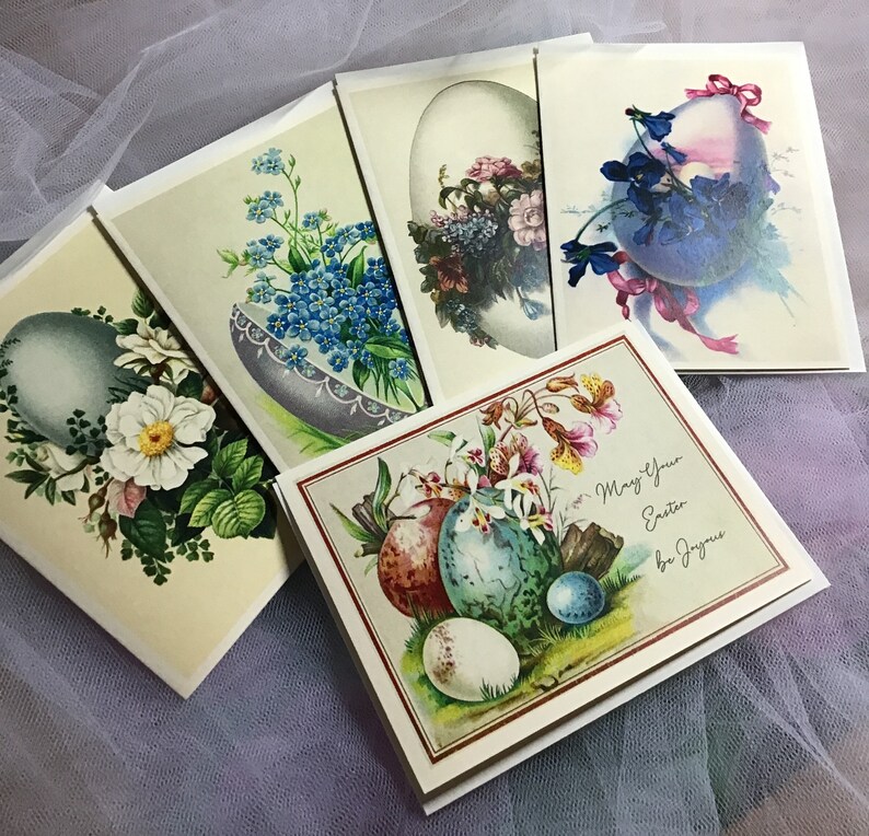 Easter Cards, Vintage Designs: Flowers and Eggs, Set of 5 with Ivory Envelopes image 6