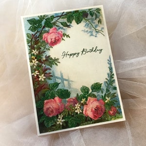 Vintage Style Glittered Happy Birthday Card Featuring Pink Rose Cottage Garden ... Extra Sparkly!