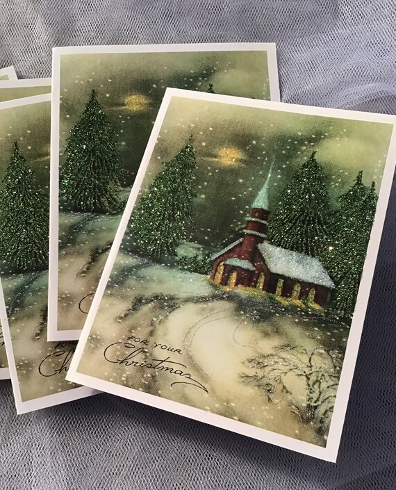 Glitzernde Weihnachtskarte Stille Nacht Verschneite Kirche Etsy