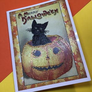 Glittered Halloween Card, Black Cat in Pumpkin, with White Envelope, Extra Sparkly image 4