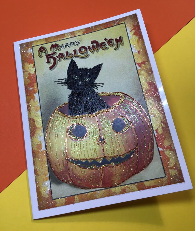 Glittered Halloween Card, Black Cat in Pumpkin, with White Envelope, Extra Sparkly image 4