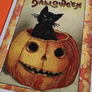 Glittered Halloween Card, Black Cat in Pumpkin, with White Envelope, Extra Sparkly image 8