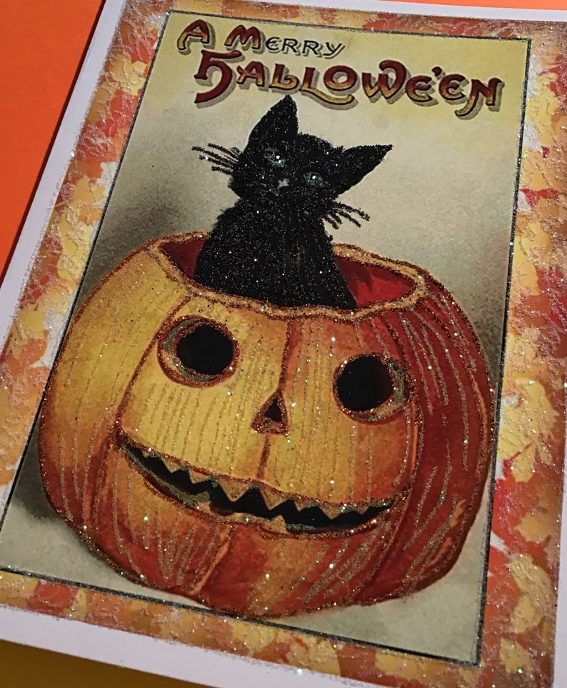 Glittered Halloween Card, Black Cat in Pumpkin, with White Envelope, Extra Sparkly image 8