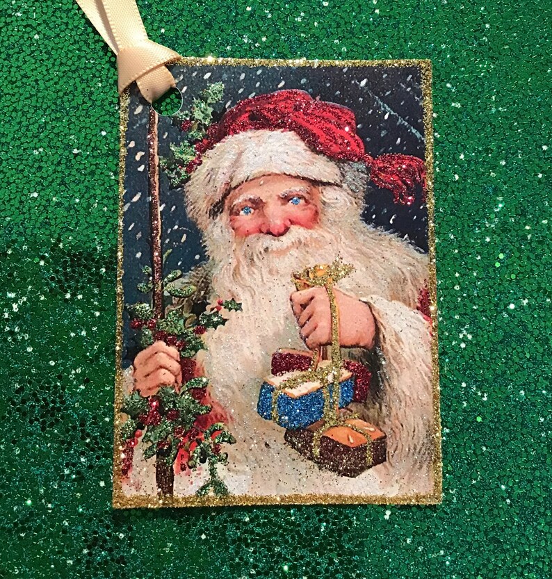 Glittered Christmas Tags, Blued-Eyed Santa, Extra Sparkly image 7