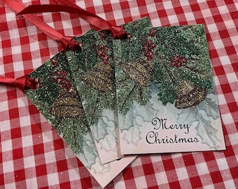 Etiquetas navideñas con brillantina, campanillas alegres, ¡extra brillantes!