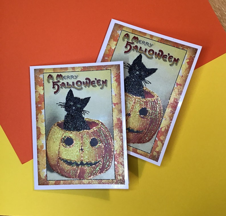 Glittered Halloween Card, Black Cat in Pumpkin, with White Envelope, Extra Sparkly image 5