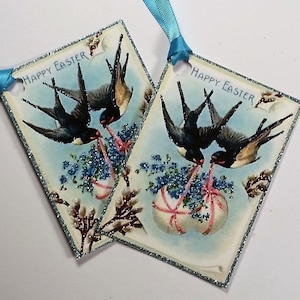 Étiquettes de Pâques scintillantes, oiseaux machaons avec œufs de Pâques, style vintage à l'ancienne, extra brillant !