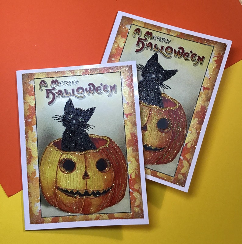 Glittered Halloween Card, Black Cat in Pumpkin, with White Envelope, Extra Sparkly image 1