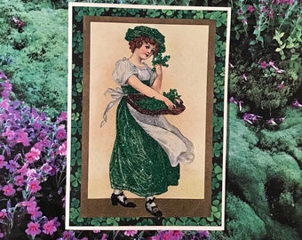 Glittered St. Patrick's Day Card, Lady in Green with Brown Basket, Vintage Design ... with Envelope