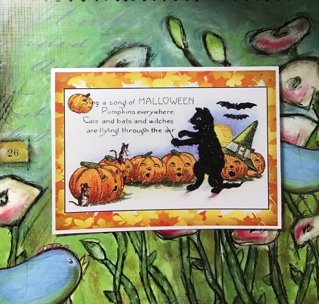 Glittered Halloween Card, Black Cat and Pumpkin Meeting, With White ...
