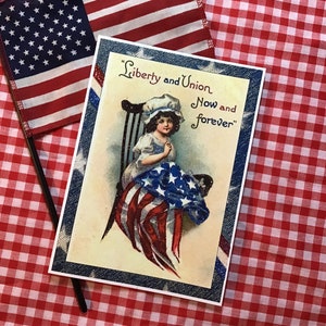 Carte de fête de l'indépendance scintillante, Little Betsy Ross, carte de célébration du 4 juillet avec enveloppe rouge