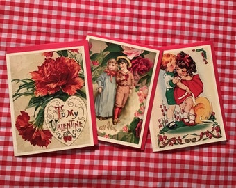 Valentine Cards, Vintage Designs: Sweethearts, Flowers, and Cherubs, Set of 4 with Red Envelopes