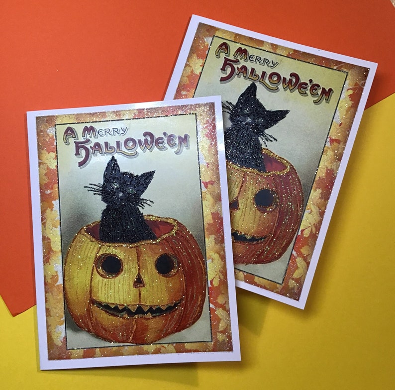 Glittered Halloween Card, Black Cat in Pumpkin, with White Envelope, Extra Sparkly image 2