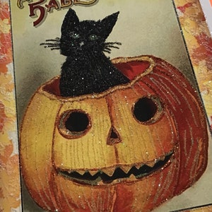 Glittered Halloween Card, Black Cat in Pumpkin, with White Envelope, Extra Sparkly image 9