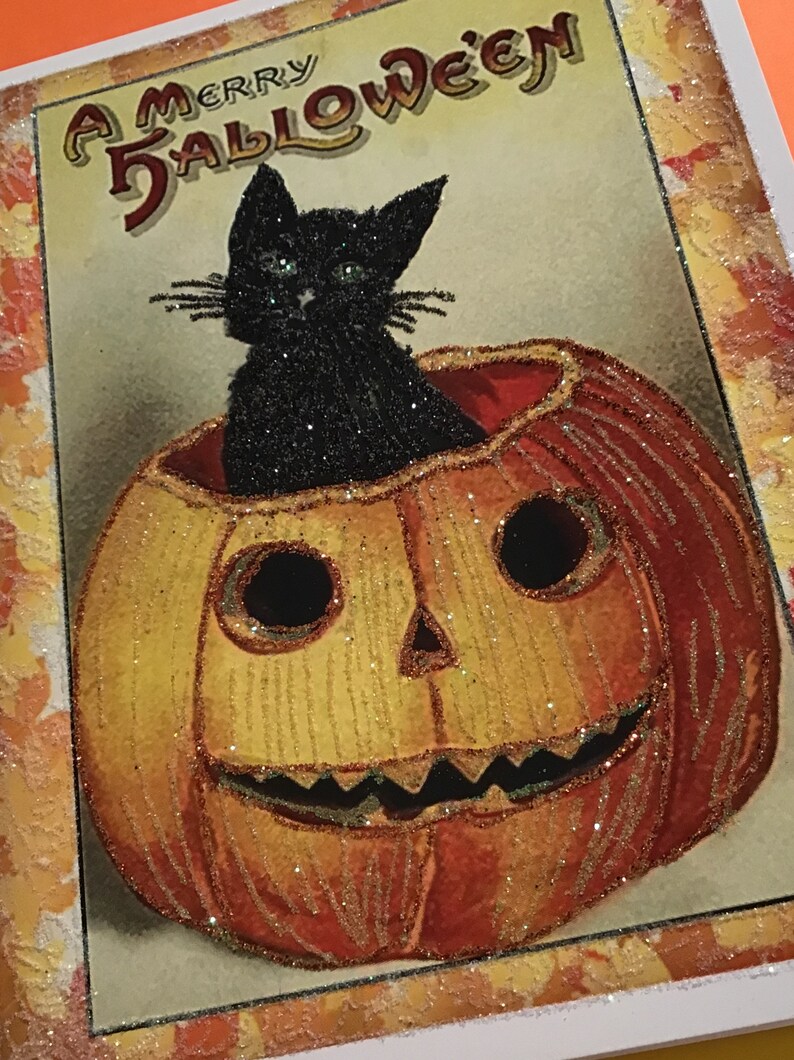 Glittered Halloween Card, Black Cat in Pumpkin, with White Envelope, Extra Sparkly image 9