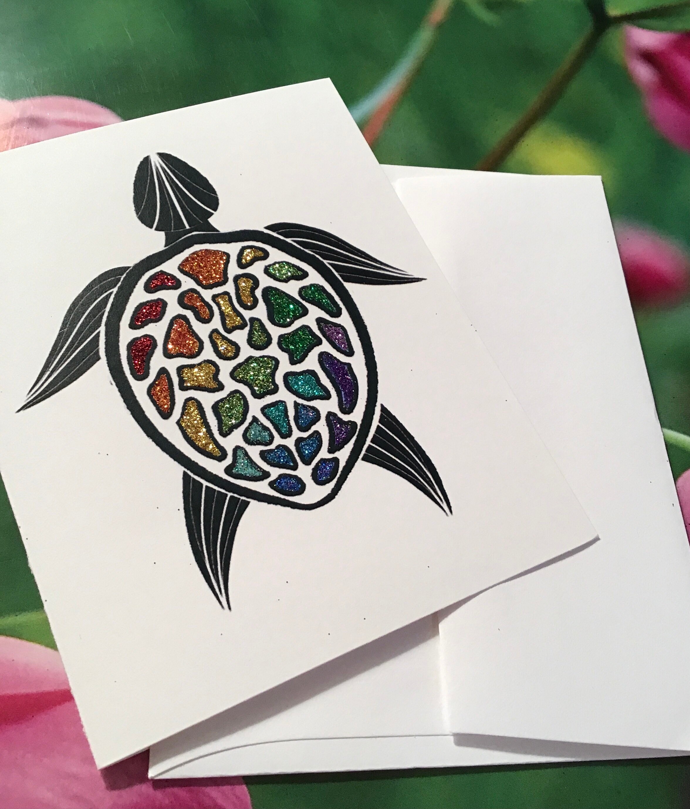 Turtle Shell Card Back Glittered Sea Turtle Note Cards With White Envelopes - Etsy