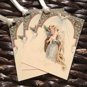 Ivory Vintage Style Holy Angel Christmas Tags with Ivory Satin Ribbon, Printed on Ivory Cardstock image 2