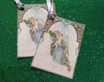 Glittered Christmas Tags, Holy Angel with Ribbon, Extra Sparkly!