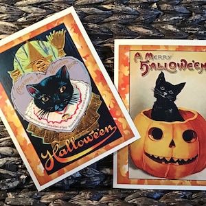 Cartes d'Halloween, motifs vintage : chats noirs, sorcières et citrouilles, lot de 5 avec enveloppes kraft marron